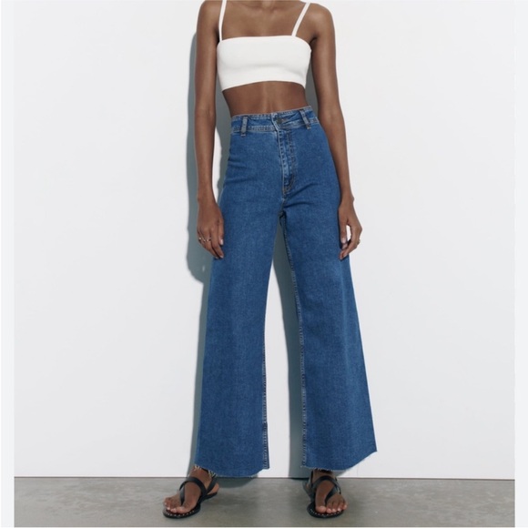 Zara The Marine Straight Jeans Raw Hem High Rise Blue Boho Fall - Picture 1 of 11